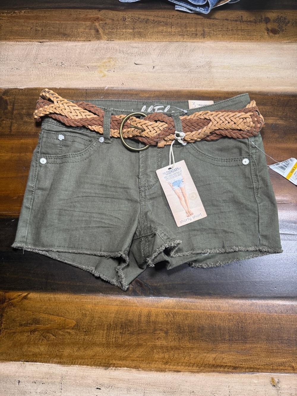 Wallflower Olive Green Denim Cutoff Shorts with Braided Belt New